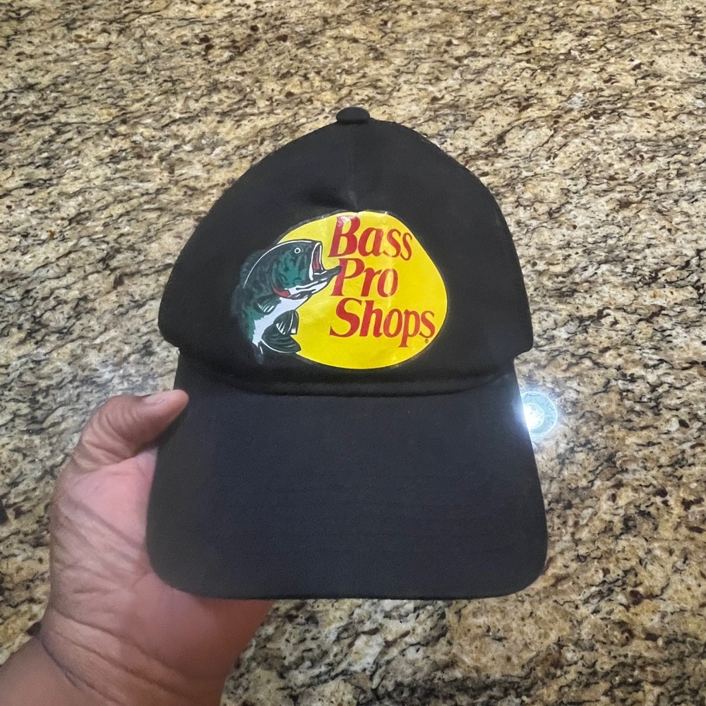Bass Pro Shops Mesh Trucker Hat Black Snapback Fishing Cap Logo Meshback
